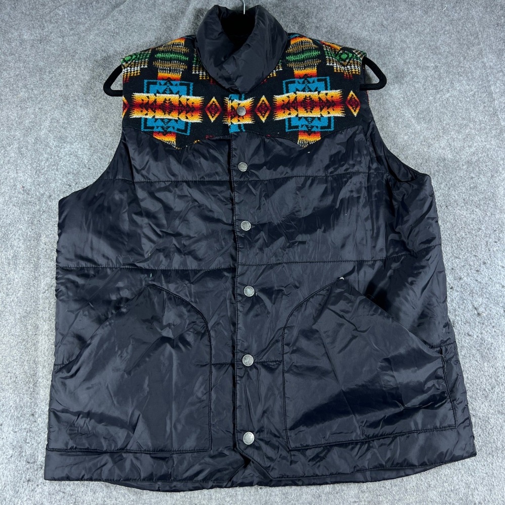 Pendleton Mens Puffer Vest Black Wool Aztec Southwestern Yoke Snap Front Small
